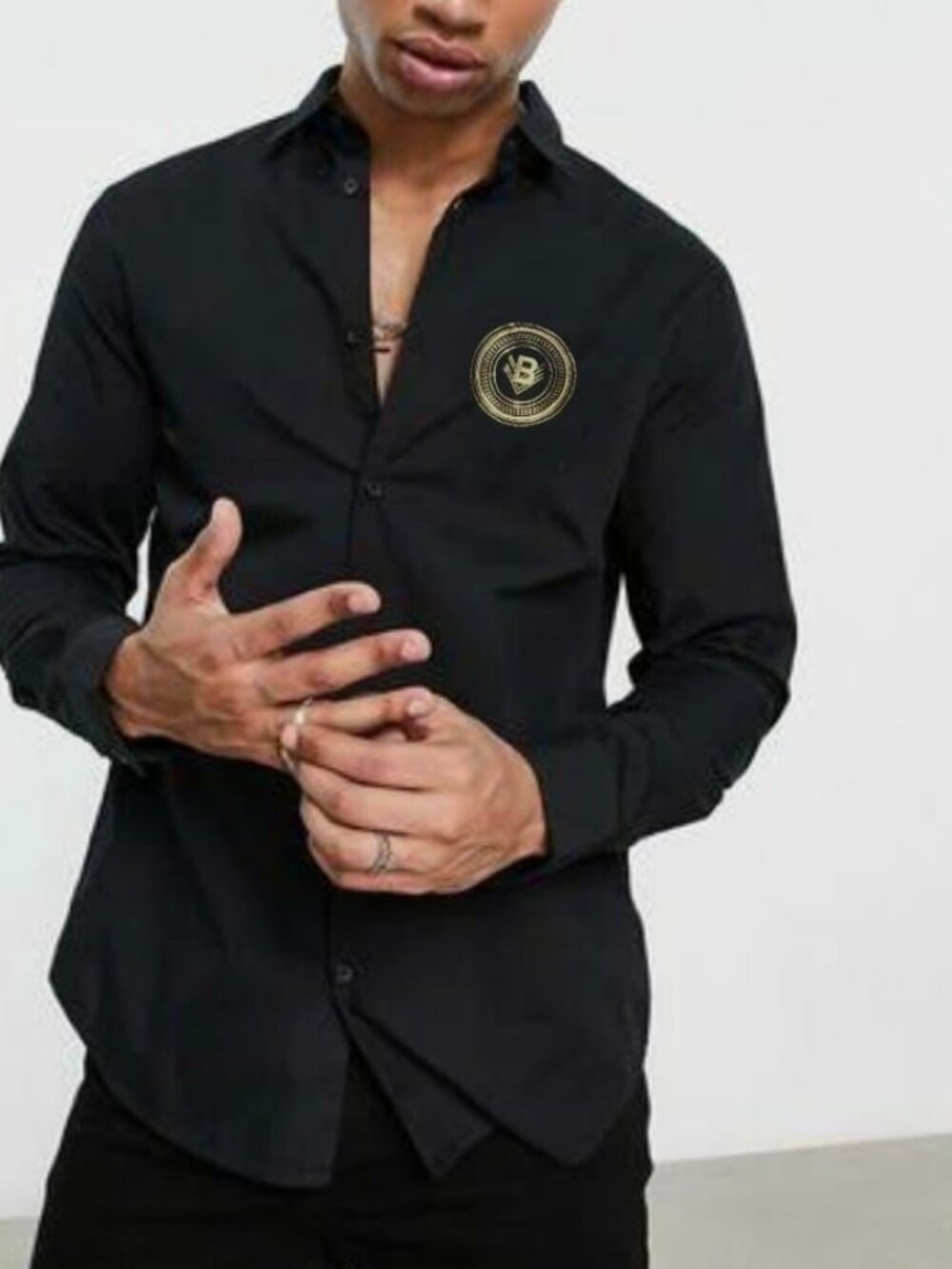 RARE BALMAIN men's shirt black with gold embroidered logo XL